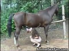 Naked milf sucks horse's hard cock while in the outdoors 